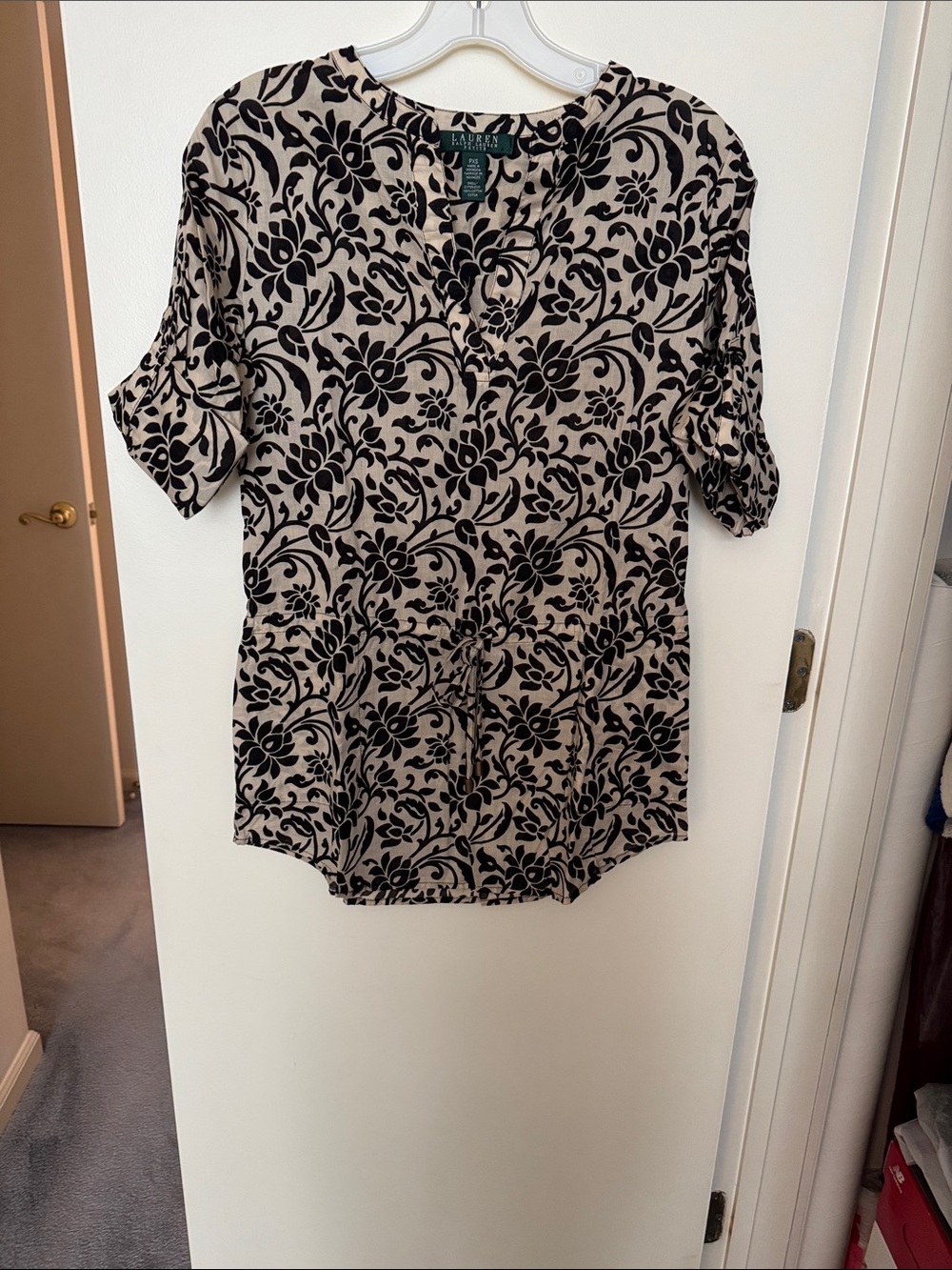 Lauren Ralph Lauren Beige Blouse with Black Floral Pattern